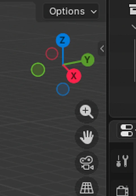 The orientation gizmo in the viewport's top-right corner: circles for X (red), Y (green), Z (blue), with zoom, pan and camera-view buttons below