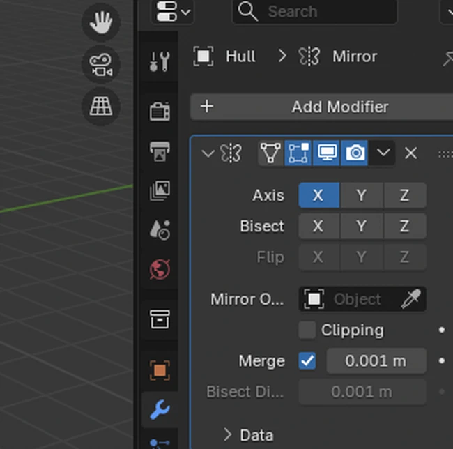 The Modifier Properties tab (wrench active) with a Mirror modifier added: X axis active, two eye icons for viewport and render visibility