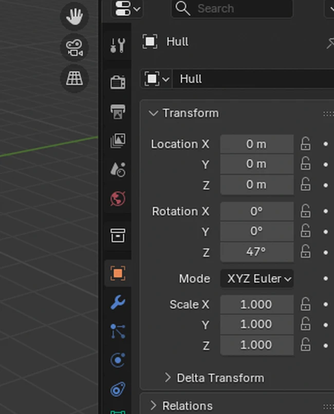 The Object Properties tab (orange square active in the left column) with Location, Rotation Z 47 degrees, Scale fields