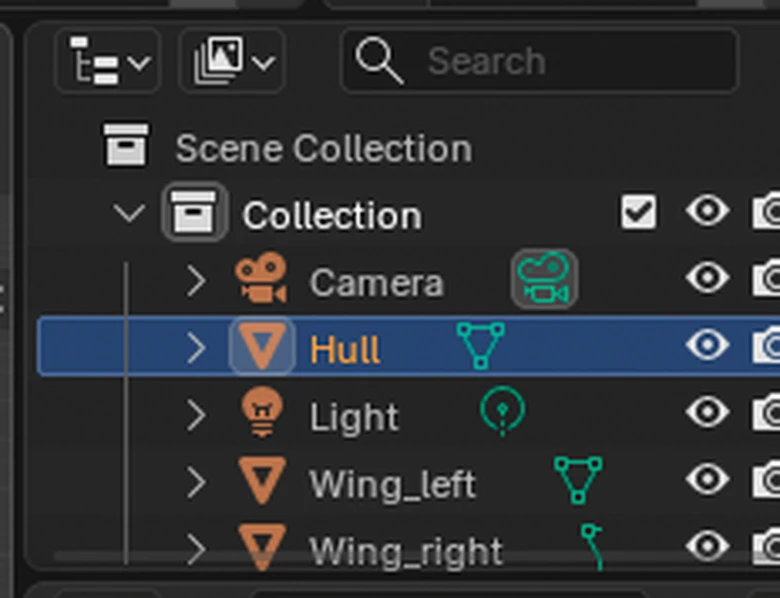 The Outliner panel listing Camera, Light, Hull (selected), Wing_left, Wing_right, with an eye icon next to each