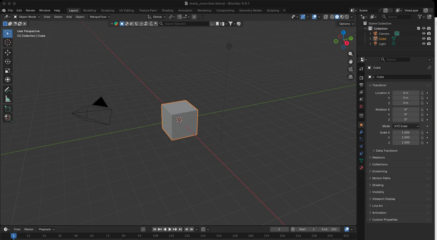 Blender's default window right after launch: a cube in the viewport, the Outliner top-right, Properties bottom-right