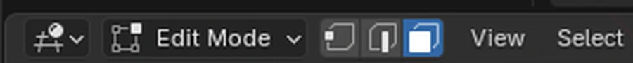 Three selection-mode icons in the viewport header: vertex, edge, face — the third (blue) icon active, face select mode