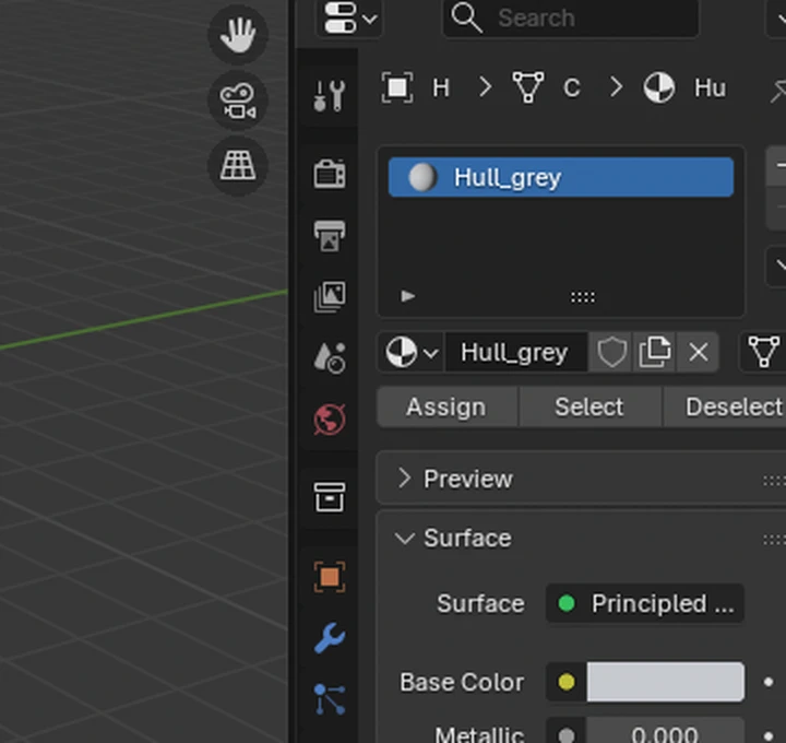 Material Properties tab: material list, a renamed material called 'Hull_grey', Assign/Select/Deselect buttons, the Base Color field